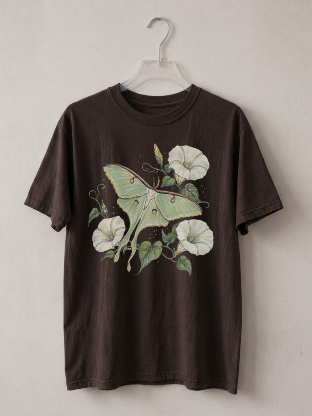Green Luna Moth & White Flowers Graphic Tee - Dark Chocolate